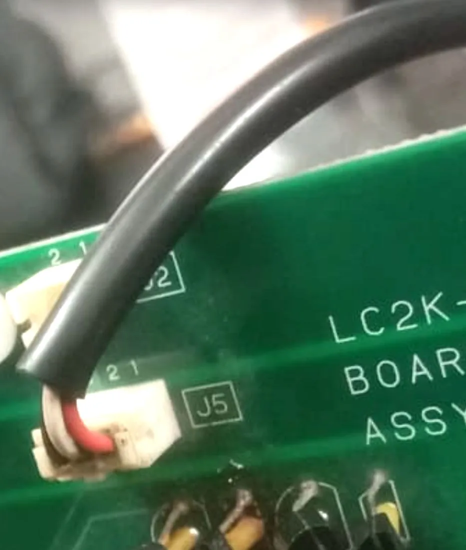 Component side of the Shimadzu LC2K-CNCT board showing the J5 fan connector with red, white and black wires.