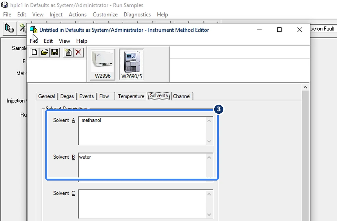 Step 7.3: Name the solvents — Waters Empower 3 screenshot