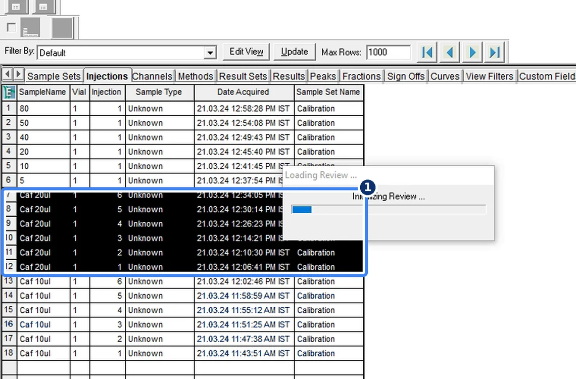 Step 7.1: Open the injections in Review — Waters Empower 3 screenshot