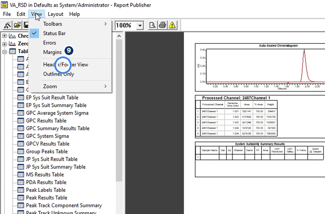 Step 7.9: View → Header/Footer View — Waters Empower 3 screenshot