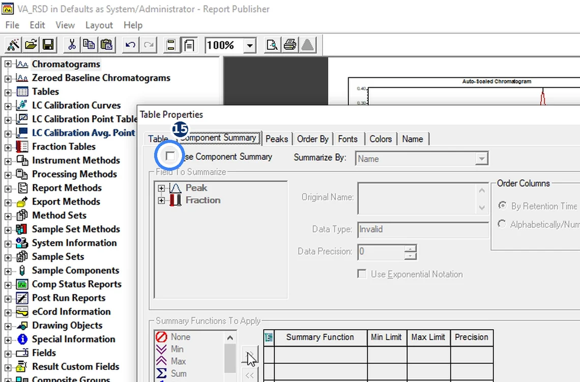 Step 7.14: Table Properties → Component Summary — Waters Empower 3 screenshot