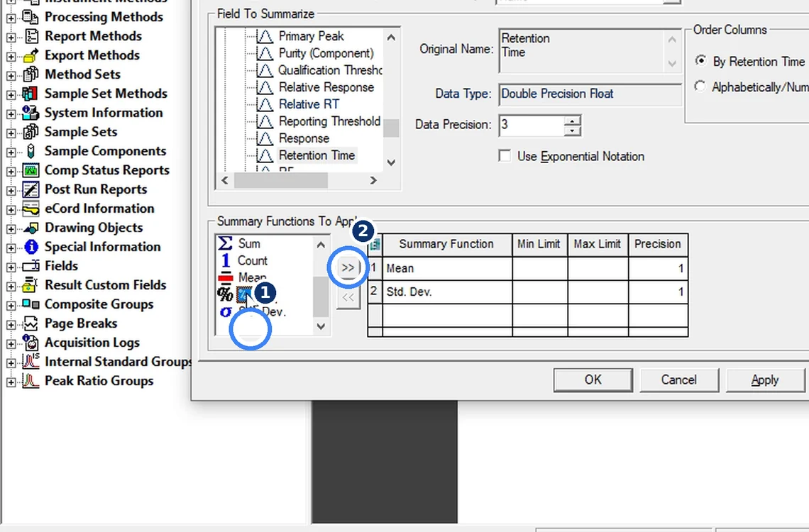Step 7.15: Retention Time → Mean, Std. Dev., %RSD — Waters Empower 3 screenshot
