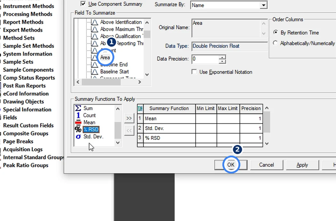 Step 7.16: Area → the same three functions, then OK — Waters Empower 3 screenshot
