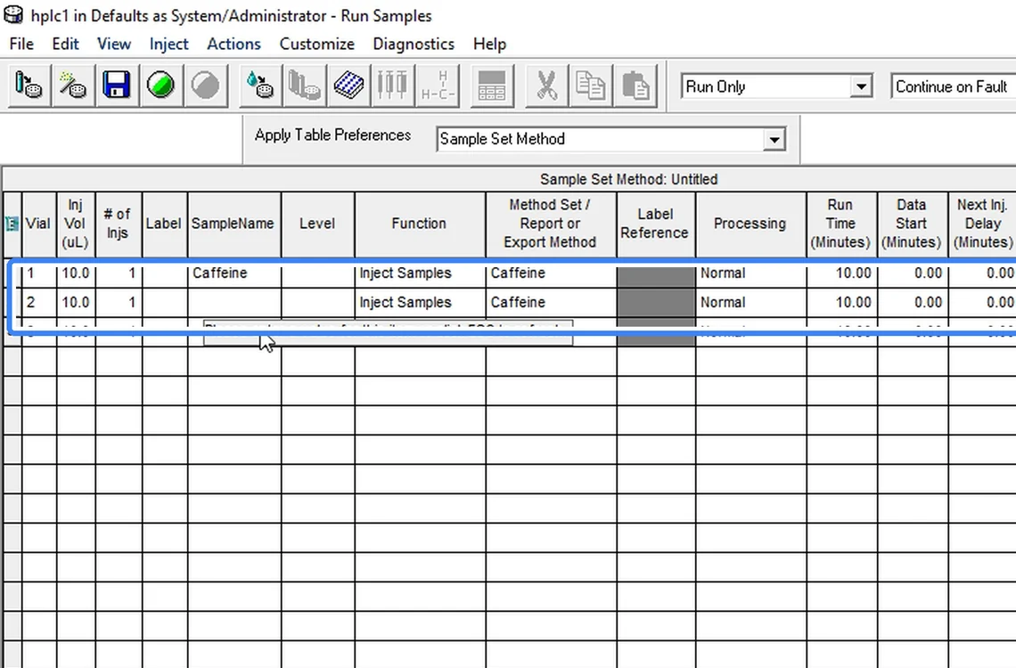 Step 7.3: Type sample names — Waters Empower 3 screenshot