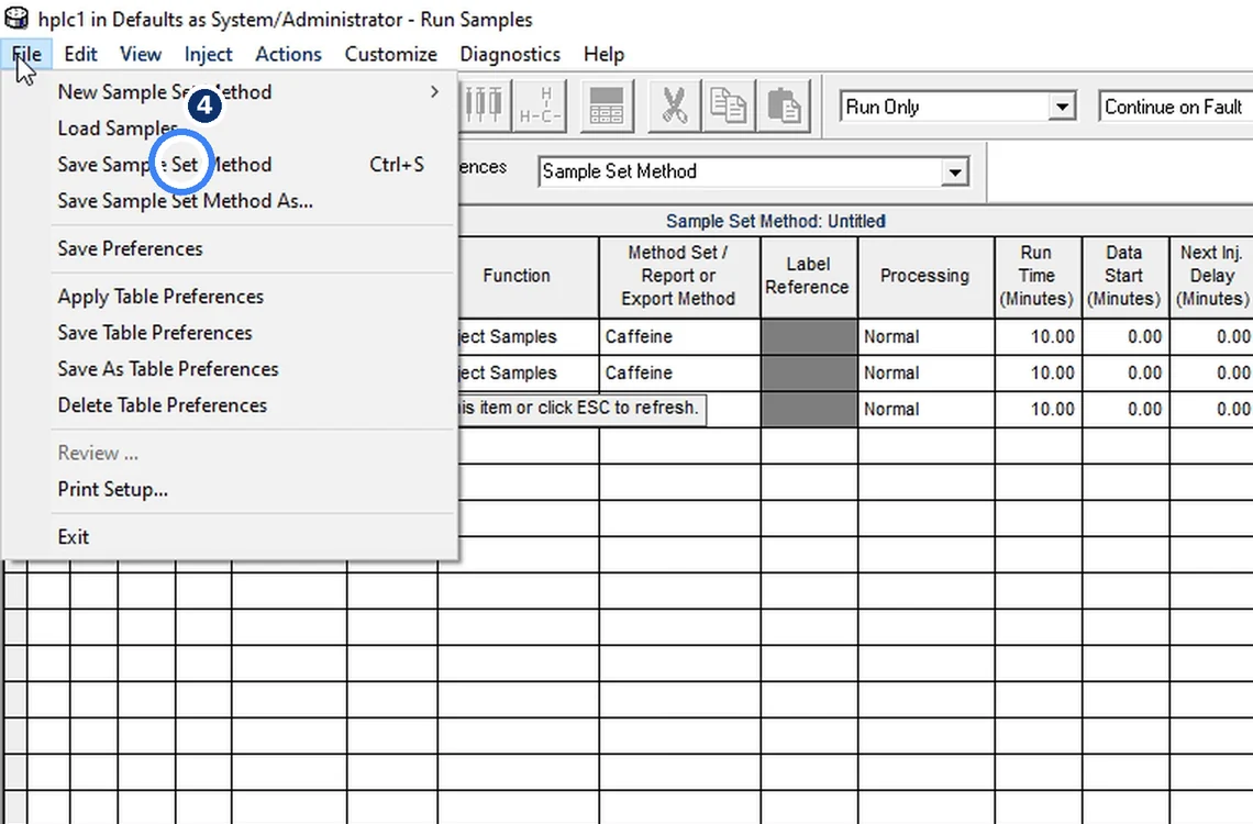 Step 7.4: Save the sample set method — Waters Empower 3 screenshot