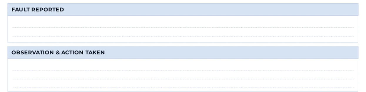 Step 7.5: Fault reported, observation and action taken — Service documentation screenshot