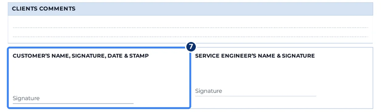 Step 7.7: Customer comments and signatures — Service documentation screenshot