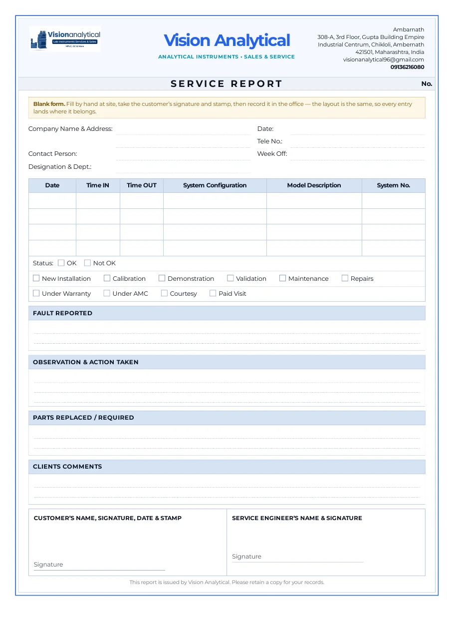 Annexure 1 — Vision Analytical service report form (blank).
