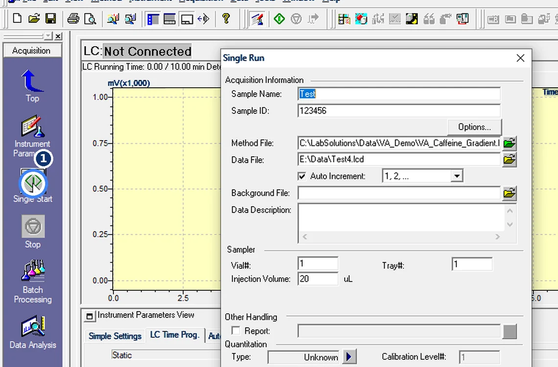 Step 7.1: Single run — Shimadzu LCsolution screenshot