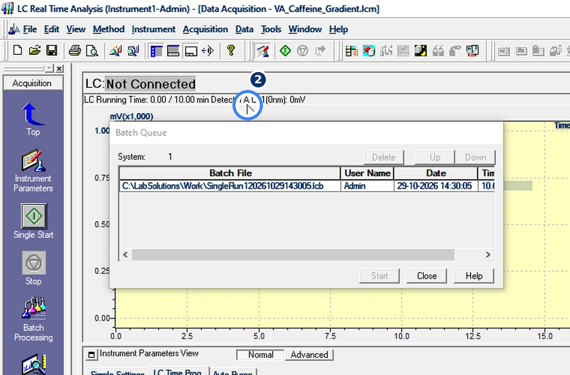 Step 7.2: If the run waits — Shimadzu LCsolution screenshot