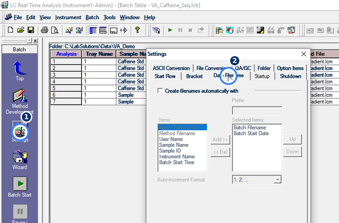 Step 7.6: Save and start — Shimadzu LCsolution screenshot