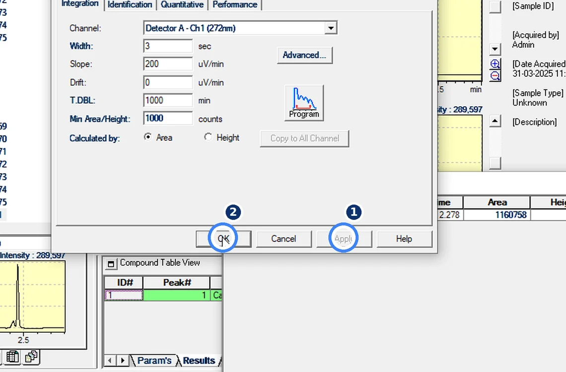Step 7.1: Change Width and Apply — Shimadzu LCsolution screenshot
