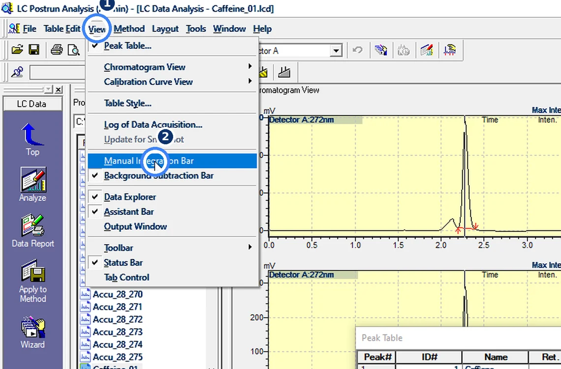 Step 7.3: Open the Manual Integration Bar — Shimadzu LCsolution screenshot