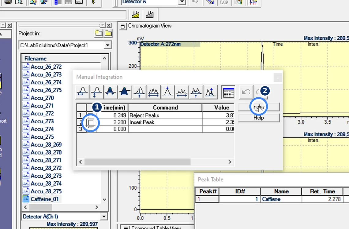 Step 7.4: Untick the events and Analyze — Shimadzu LCsolution screenshot