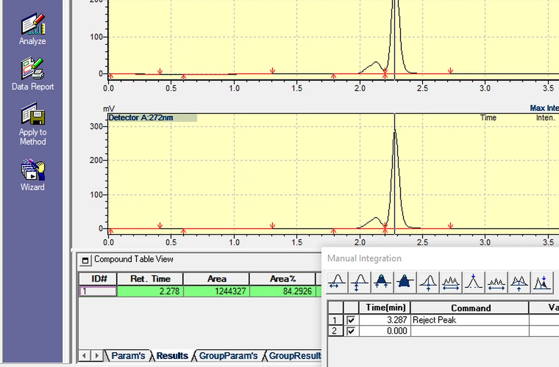 Step 7.2: Reject a noise peak — Shimadzu LCsolution screenshot