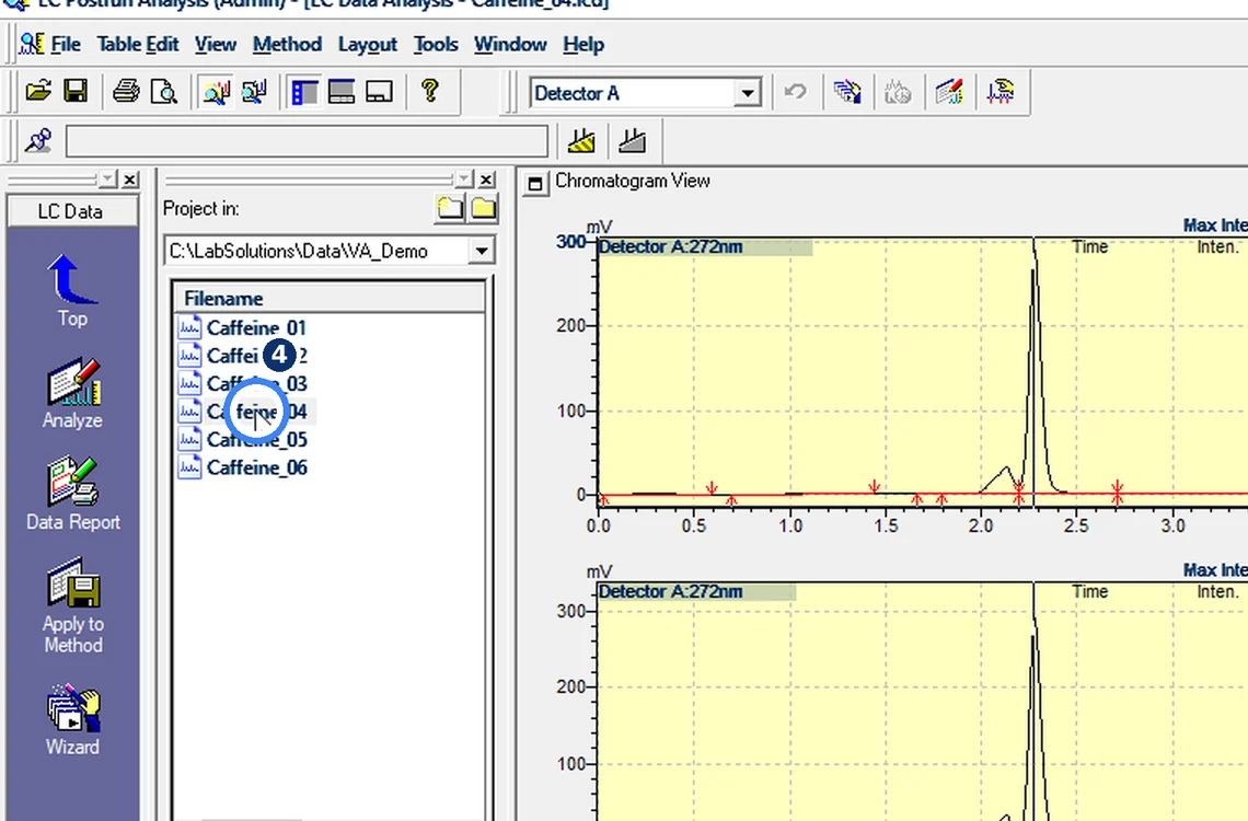 Step 7.4: Open one injection — Shimadzu LCsolution screenshot