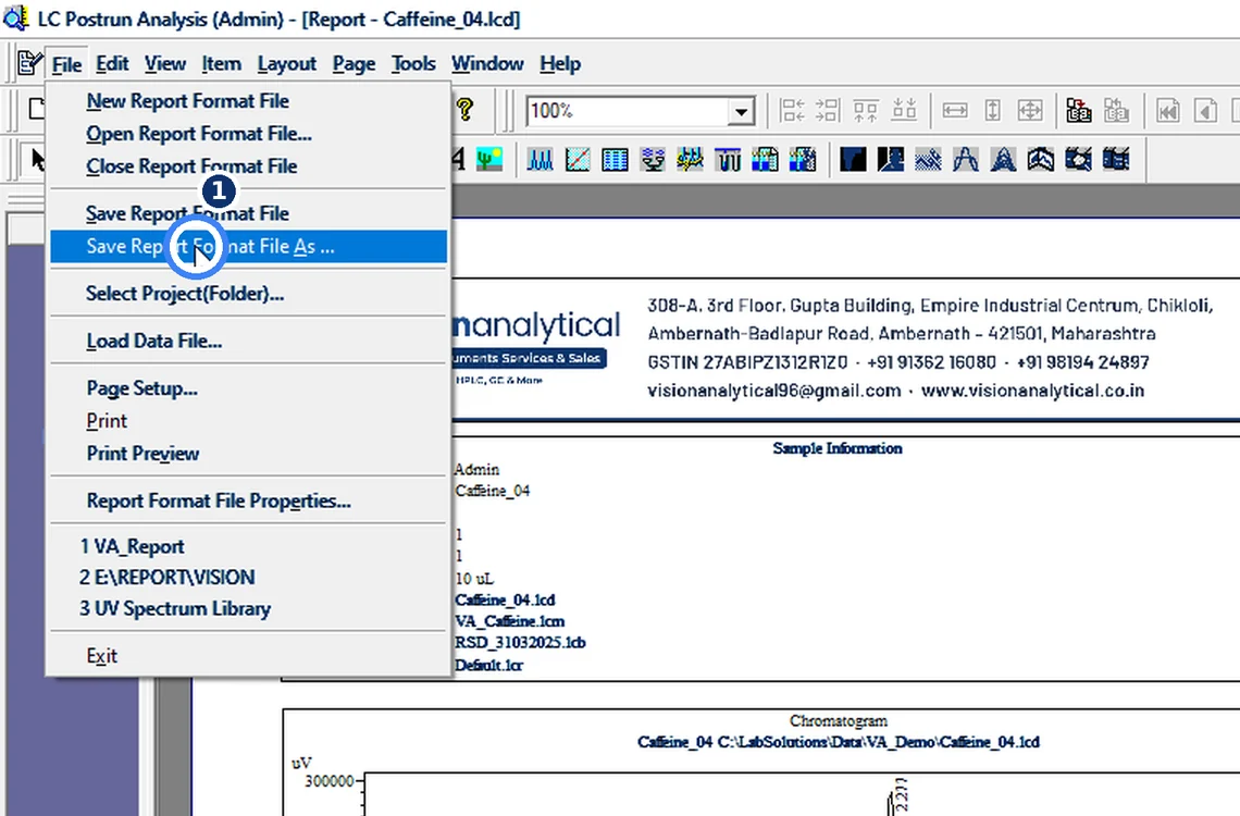 Step 7.1: Open your letterhead report format and save a copy — Shimadzu LCsolution screenshot