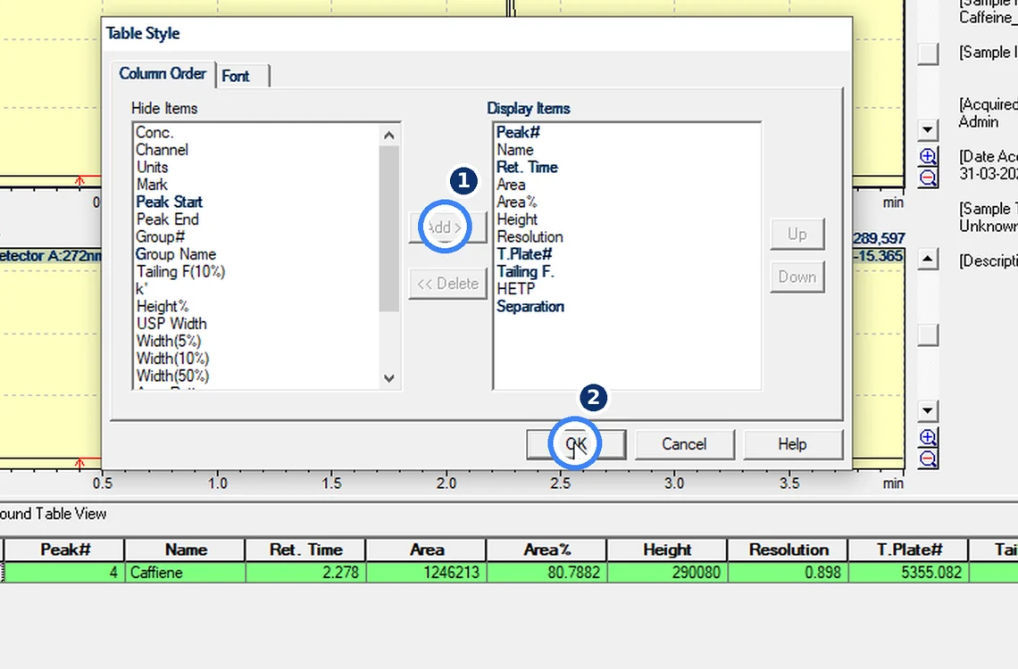 Step 7.4: Add columns to the table — Shimadzu LCsolution screenshot